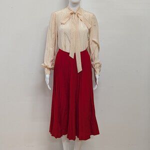 Vintage Saint Laurent red and white heart blouse with scarf long pleated skirt